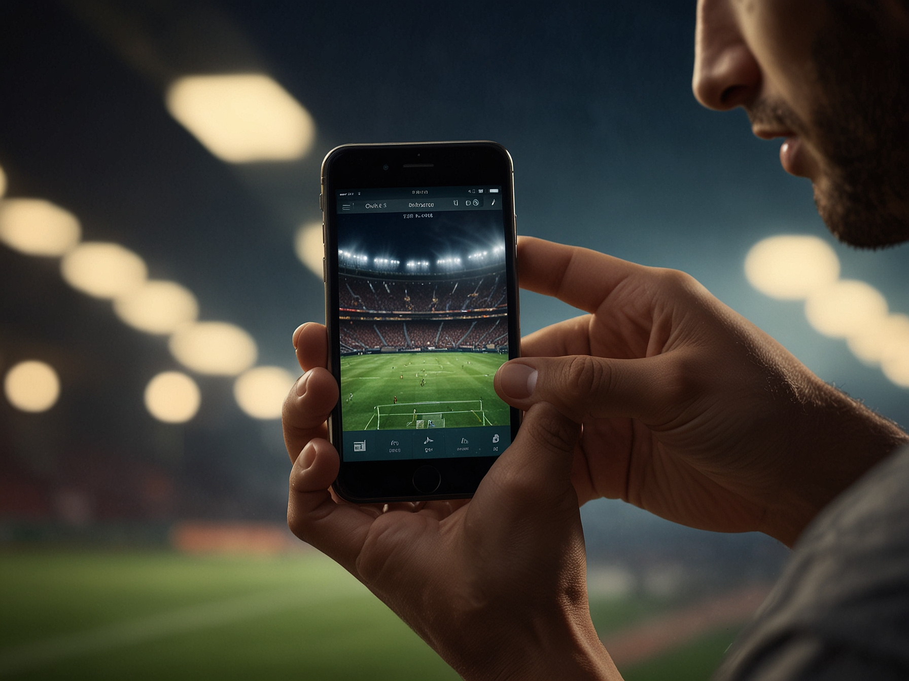 Smiling gambler using a mobile phone to place a bet